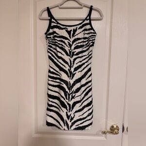 Peak sequin and beaded black and white stripe mini dress​​​